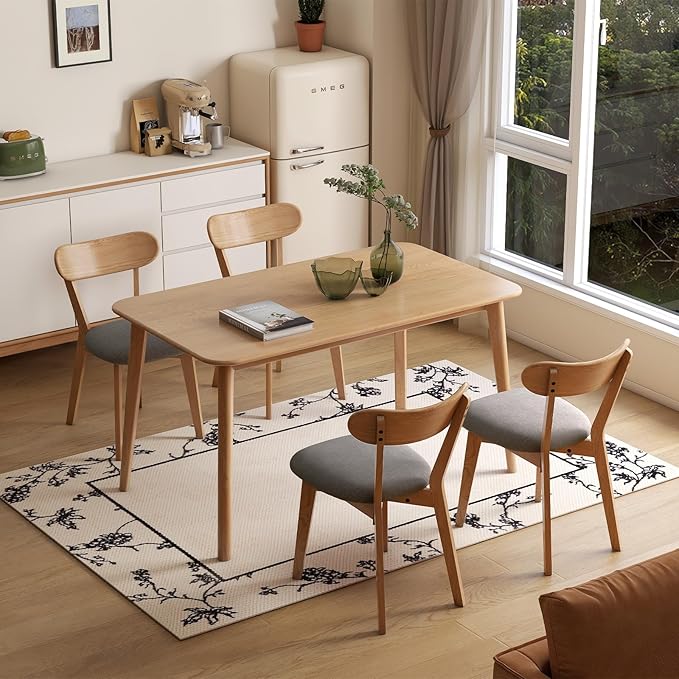 100% Solid Wood Upholstered Dining Chairs, Mid Century Modern Oak Dining Chairs with Curved Back with Butterfly Wing Shape for Kitchen, Dining Room, Restaurant (4PK, Log Color-Dark Gray Cushion)