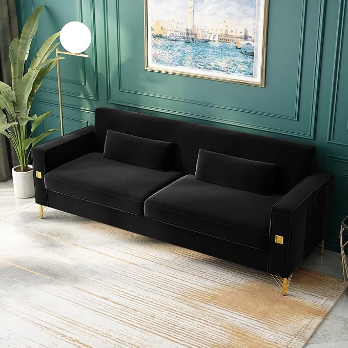 85.63" Velvet Sofa,Modern Loveseat Couch with Pillows Set of 2 for Living Room,Bedroom,Apartment Furniture with Gold Metal Legs (Black)