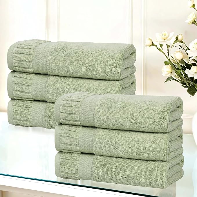 Superior Venice Zero Twist Cotton Medium Weight Towels, for Kitchen, Bathroom, Shower, Spa, Plush Towels, Bath Essentials, Ribbed Textured Border, Absorbent Hand Towels, Set of 6, Green
