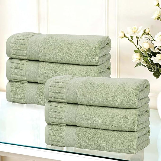 Superior Venice Zero Twist Cotton Medium Weight Towels, for Kitchen, Bathroom, Shower, Spa, Plush Towels, Bath Essentials, Ribbed Textured Border, Absorbent Hand Towels, Set of 6, Green