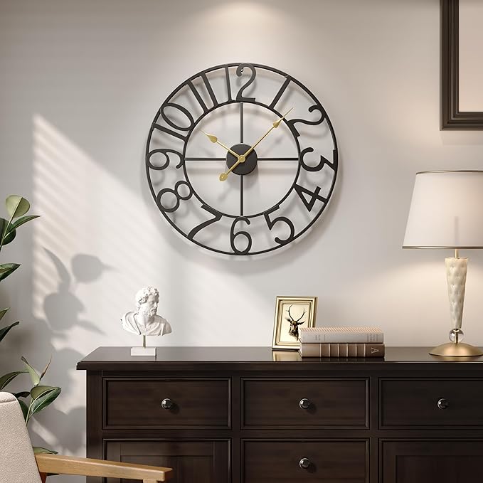 Cuspin Large Wall Clock, 24 Inch Black Decorative Wall Clock for Living Room, Modern Metal Battery-Operated Arabic Numerals Round Clocks Silent Non Ticking for Kitchen Mantel Bedroom Office