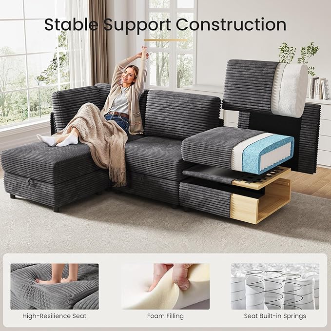 KKL Modular Sectional Sofa V-Shaped 6 Seater Couch with Storage Ottoman, Convertible L/J-Shaped Couch and Sofa Bed Plush Wide-Wale Corduroy for Living Room, Apartment, Modern Design, Gray