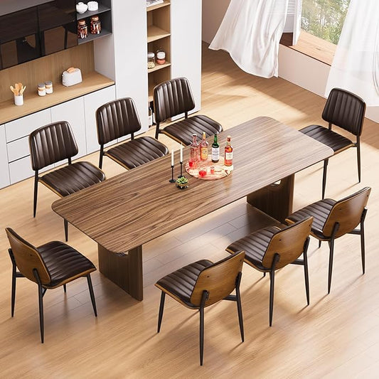 Dining Chairs Set of 8, Mid Century Modern Dining Room Kitchen Chairs, Upholstered PU Leather Vertical Stripe Chairs for Vanity with Walnut Bentwood and Metal Legs, Brown