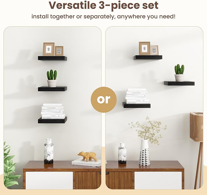 Fun Memories Floating Shelves for Wall - 12 Inch Square Shelves with Invisible Brackets, Black Small Wall Shelf for Living Room, Bathroom, Bedroom, and Kitchen Decor，Set of 3