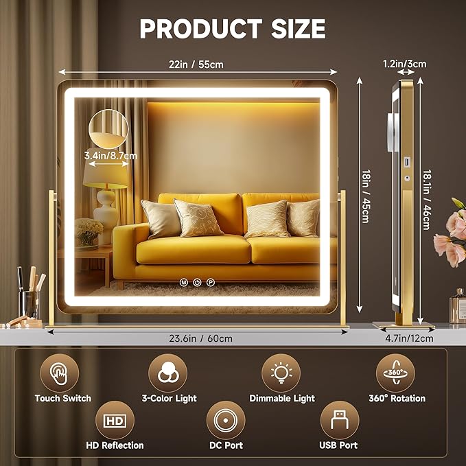Hasipu Vanity Mirror with Lights, 24" x 18" LED Makeup Mirror, Light up Mirror with 5X Magnification and Phone Holder, USB Charging Port, Smart Touch 3 Colors Dimmable, 360° Rotation (Gold)