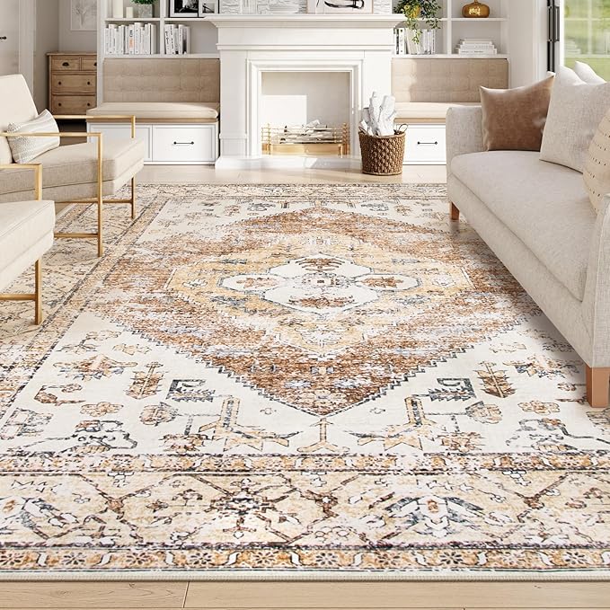 Lahome Washable Living Room Area Rugs 8x10 - Boho Ultra-Thin Non-Slip Bedroom Rug 8x10 Under Bed, Farmhouse Neutral Print Floor Carpet for Dining Room Office (Taupe,8'x10')