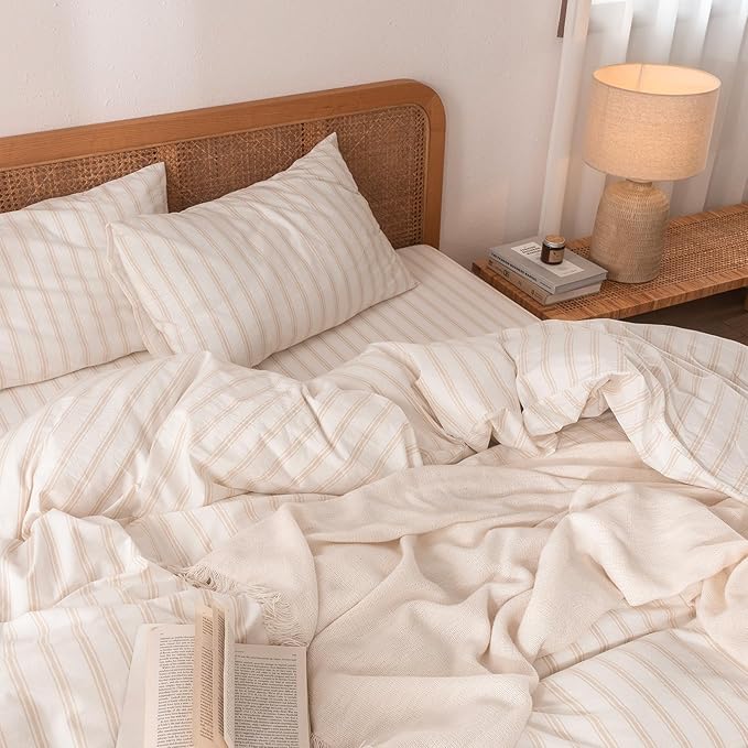 BESTOUCH Duvet Cover Set 100% Washed Cotton Linen Feel Super Soft Comfortable Chic Lightweight 3 PCs Home Bedding Set White & Almond Grey Stripes King
