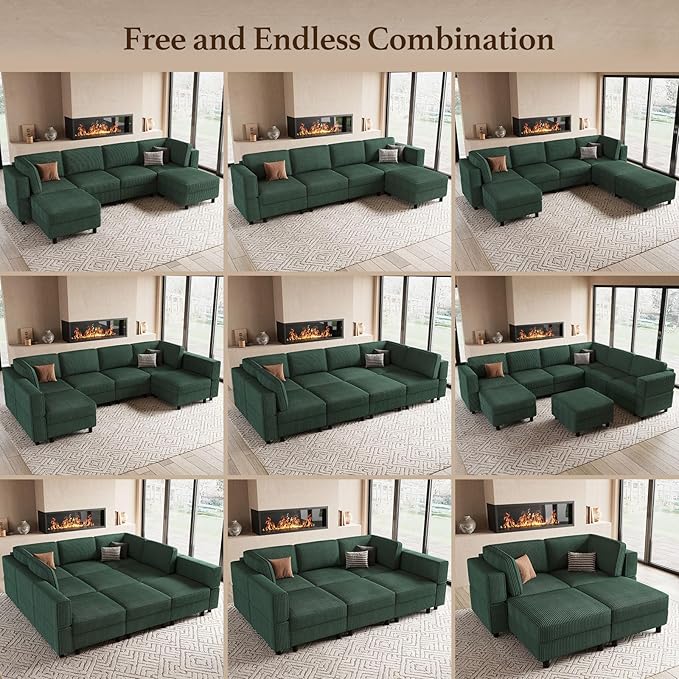 114.2" 5 Seater Modular Sofa with Deep Storage Seat,Corduroy Convertible L Shaped Sectional Couch,Modular Couch with Movable Ottoman Chaise,Upholstered Sectional Couches for Living Room,Green