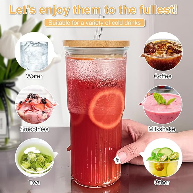 32oz Ribbed Glassware Large Cup, Glass Cups With Lids And Straws,Iced Coffee Cups With Lids,Glasses Drinking Set,Cute Cups,Boba Cup,With Straw Brush,Ideal Gift-2PCS