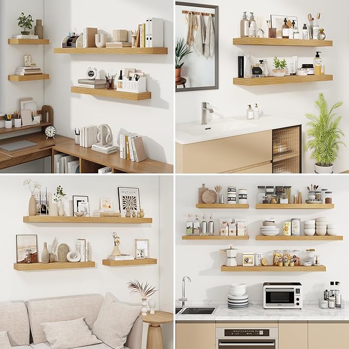 fuqing Floating Shelves for Wall, Wall Mounted Wood Floating Shelf with Invisible Brackets for Living Room, Bathroom, Bedroom, Kitchen Storage and Decor, 36 Inch Set of 2, Oak