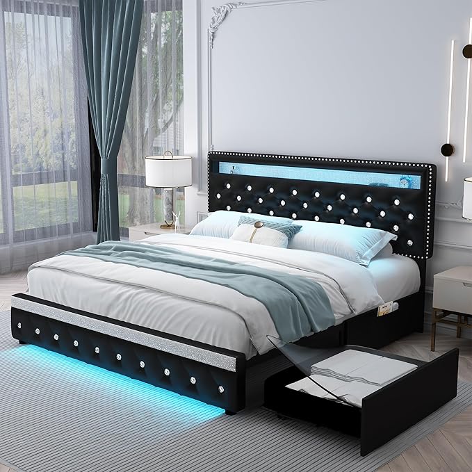 Full Led Bed Frame with 2 Drawers, Heavy Duty Sturdy Metal Platform Bed Frames Full Size with Adjustable Height Crystal Button Tufted Headboard, Easy Assembly, No Box Spring Needed, PU Black