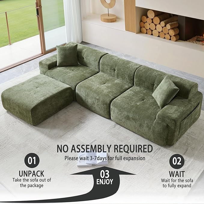 LIDYUK 118" Modern L-Shaped Boneless Couch Modular Sectional Sofa for Living Room, Chenille Upholstery Green, Oversized 3-Seater Sectional Couch with Deep Seat and Movable Ottoman, No Assembly
