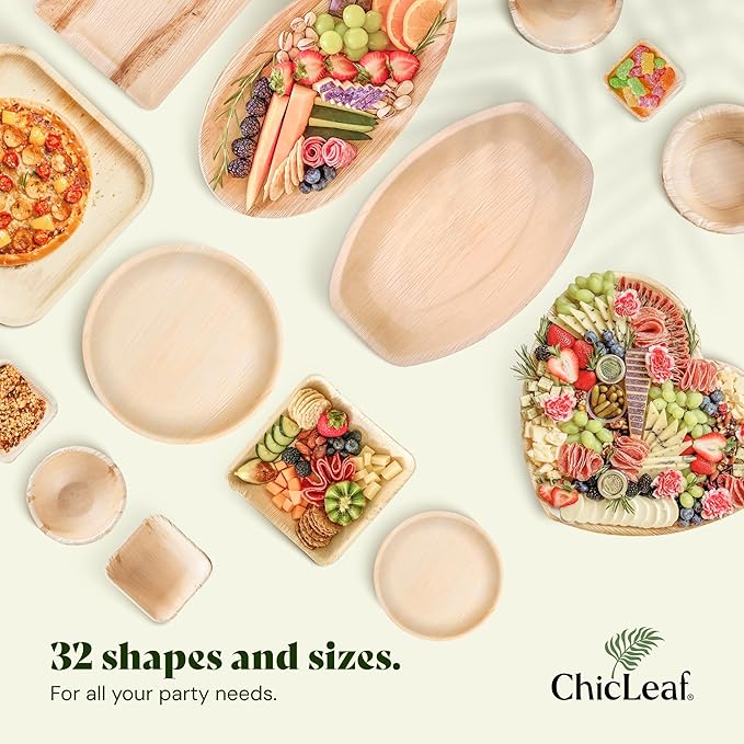 Chic Leaf Palm Leaf Plates - 9" Round - 50 Pack of 100% Compostable, Biodegradable & Disposable Bamboo Plates – Heavy Duty, Sturdy Paper Alternative for Christmas Meal, Wedding Desserts & Events