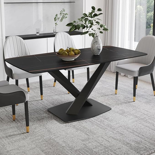 Modern Rectangle Marble Dining Table for 6,71" Black Sintered Stone Top Dining Table,Rectangle Dining Room Table with X-Shape Carbon Steel Pedestal for Kitchen/Living Room(Table Only)