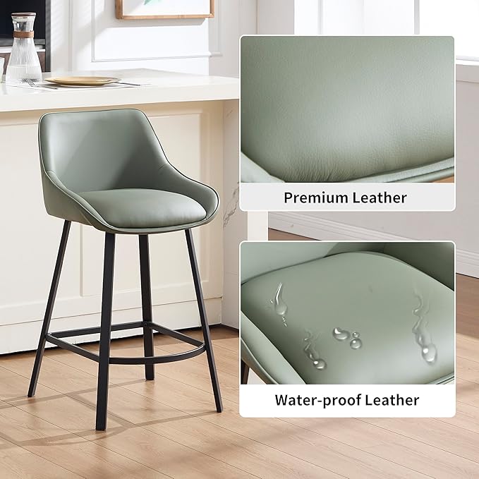 26" Modern Bar Stools Set of 2, Faux Leather Upholstered Bar Stools, Counter Height Bar Chairs with Back for Kitchen, Dining Room, Cafe, Bar - Green