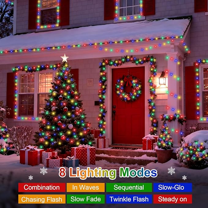 QITONG Multicolor Christmas Lights Outdoor, 165ft 500 LED String Light with 8 Modes, Clear Wire Twinkle Xmas Lights Plug-in Indoor