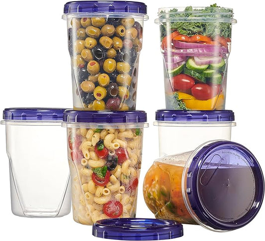 PLASTICPRO 6 Pack Twist Cap Food Storage Containers with Blue Screw on Lid- 32 oz Reusable Meal Prep Containers - Freezer and Microwave Safe Blue Plastic Food Storage