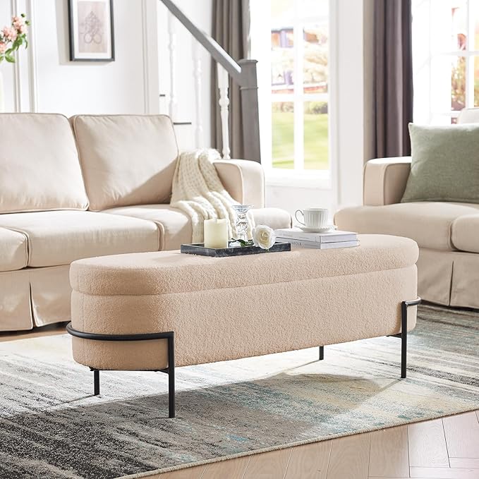 Sherpa Storage Ottoman Bench for Bedroom, Beige End of Bed Bench with Storage, Upholstered Boucle Storage Bench with Metal Stand and Hinges, Oval Ottoman for Living Room, 52 Inch