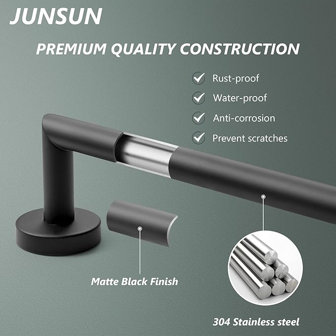 JunSun Bathroom Towel Bar 9 Inch Matte Black Towel Racks Wall Mounted Bath Hand Towel Holder Modern Home Decor Towel Rod Bathroom Accessories Stainless Steel Towel Hangers Towel Rail Single Towel Bars