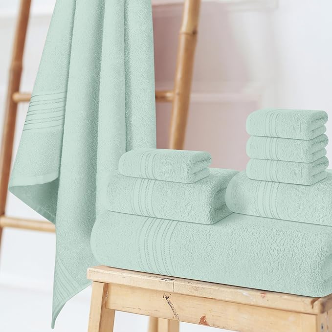 BOUTIQUO 100% Cotton Towel Set, Contains 4 Soft Bath Towel, 6 Hand Towels, 8 Wash Cloths - Compact Absorbent Lightweight & Quickdry Towels for Bathroom - 18 Piece Bathroom Towel Set - Sea Green