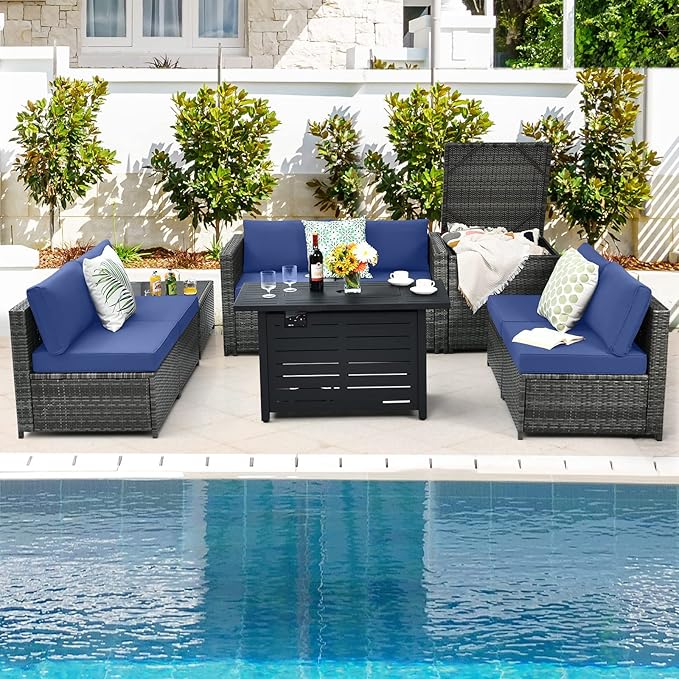 HAPPYGRILL 8 Pieces Patio Furniture Set Outdoor PE Rattan Conversation Set with Storage Box, Sectional Wicker Sofa Set with Coffee Table and Cushions for Garden Backyard