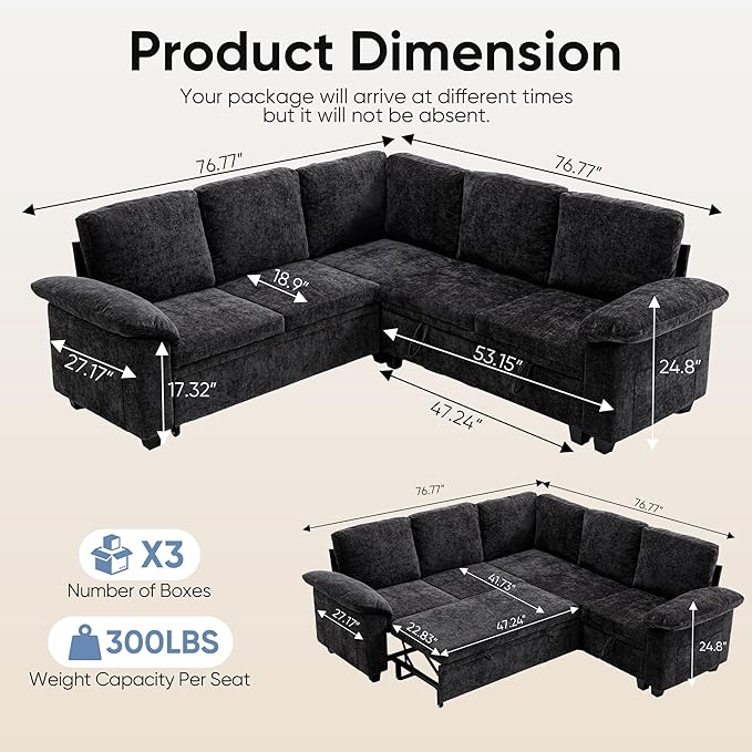 76.8" Modular Sectional Sleeper Sofa with Pull Out Bed,U Shaped 5 Seat Sectional Sofa with Storage,Modular Couch for Living Room,Deep Seat Couch with Removable Sofa Cover,Black