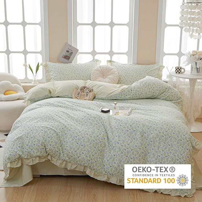 EAVD French Style Garden Floral Ruffled Comforter Set Queen White Fluffy Soft Microfiber Chic Blue Floral Bedding Set with 2 Pillowcases Fresh Botanical Comforter Set for All-Season