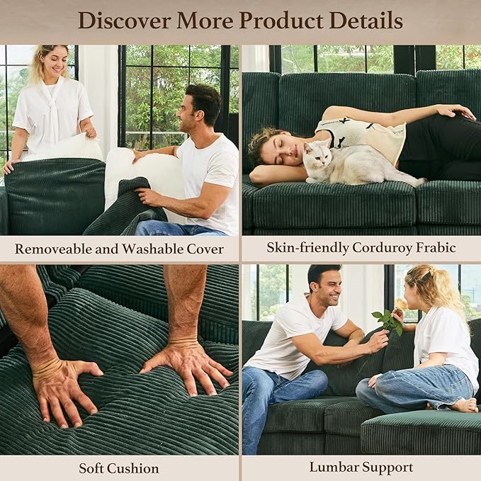 114.2" 8 Seat Modular Sectional Sofa with Deep Storage Seat, Comfy Corduroy Sectional Couch Convertible Modular Sleeper Sofa Couch with Movable Ottoman Chaise, Green