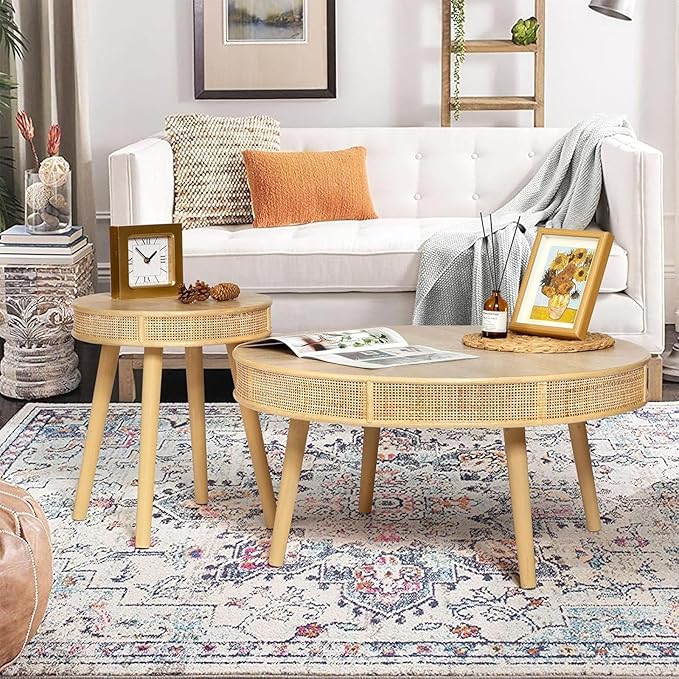RUSTOWN 2-Piece Round Coffee Table Set with Rattan Accent, Soild Wood Leg, Farmhouse Modern Side Tables for Living Room, Boho Decor, Natural Finish
