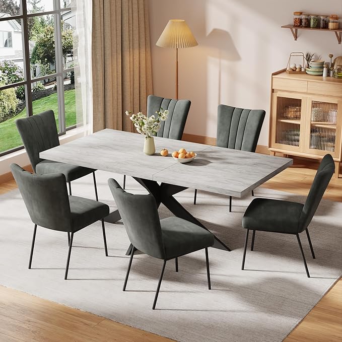 ZckyCine 6-Piece Extendable Dining Table Set, Modern 51''–67'' Grey Wood Table with 6 Black Fabric Chairs, Dining Room Table and Chairs for 6, Ideal for Kitchen or Dining Room