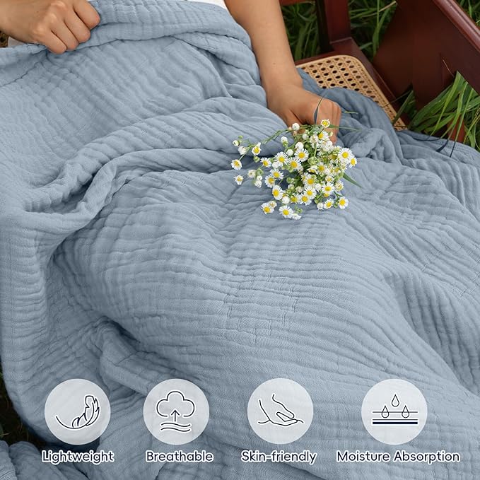 PHF Cooling Muslin Blanket Twin Size 60"x80", 6-Layer Lightweight Gauze Blanket Made from 35% Rayon Derived from Bamboo & 65% Cotton, Breathable & Ultra Soft Cozy, Aesthetic Home Decor, Dusty Blue