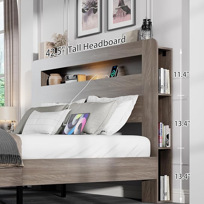 King Size Wooden Bed Frame with Bookcace Storage Headboard, Rustic Farmhouse Bedframe with LED Lights and Charging Station, Sturdy and Stable, Slat Support, No Box Spring Required (Light Brown, King)