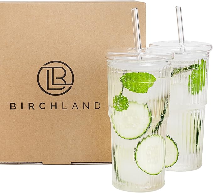 All Glass Iced Coffee Cup with Lid and Straw, Ribbed Glass Tumbler Set of 2 (22 oz ribbed)