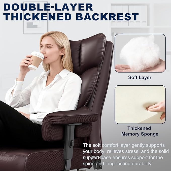 Misolant Big and Tall Office Chair with Footrest, High Back Executive Desk Chair with Adjustable Lift Armrest, 155°Recline，Lumbar Support Pillow, Faux Leather Gaming Chairs for Home or Office Brown