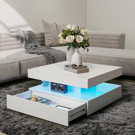 LED Coffee Table for Living Room, 2-Tier Modern Square Center Table with Music Sync Lights, High Gloss Surface, 30 3/4" x 30 3/4" (White)