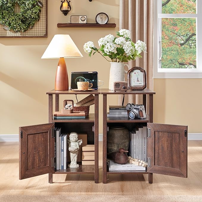 Farmhouse Nightstand Set of 2, End Table with Charging Station, Rustic Side Table w/Barn Door & Open Shelves, Bedside Table w/Storage Space and Storage Cabinet for Bedroom, Living Room (Brown)