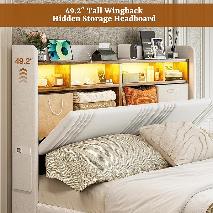 IKIFLY King Size Bed Frame with Hidden Storage Headboard & 4 Drawers, 49.2” Tall Upholstered Wingback Headboard with LED Lights and Charging Station, No Box Spring Needed, Solid Wood Slats, White