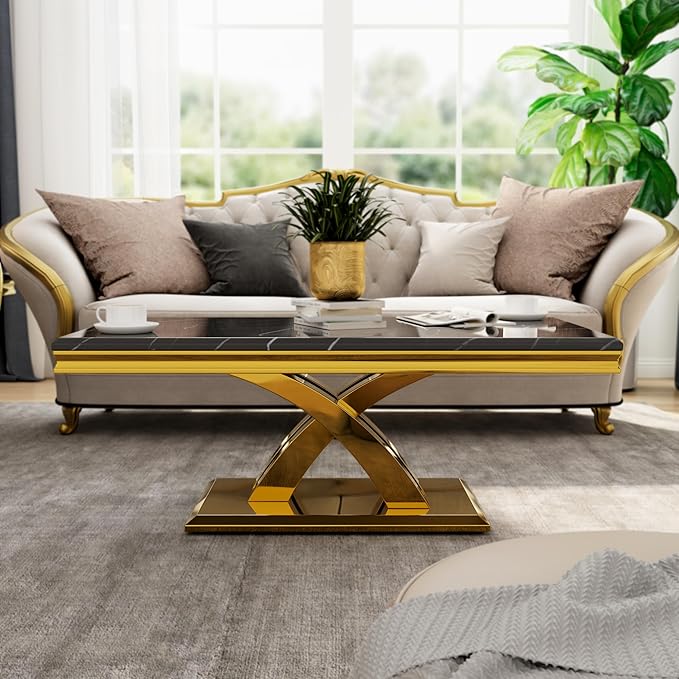 AUZ Black Gold Coffee Table Set of 2, Living Room Table Set with X- Shape Design Polished Stainless Steel Frame
