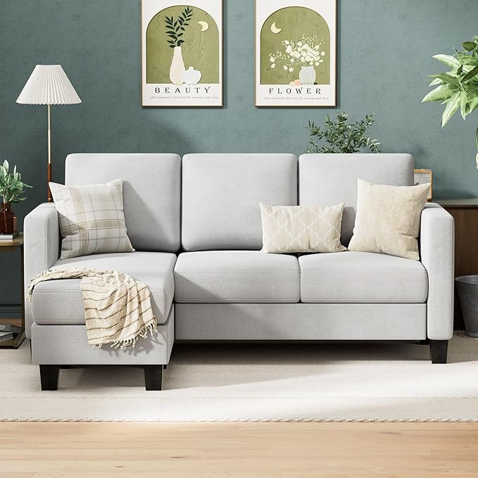 VICTONE Convertible Sectional Sofa Couch, 3 Seat L-Shaped Sofa with Linen Fabric Ottoman Small Couch for Small Apartments, Living Room and Office (Linen Fabric, Light Gray)