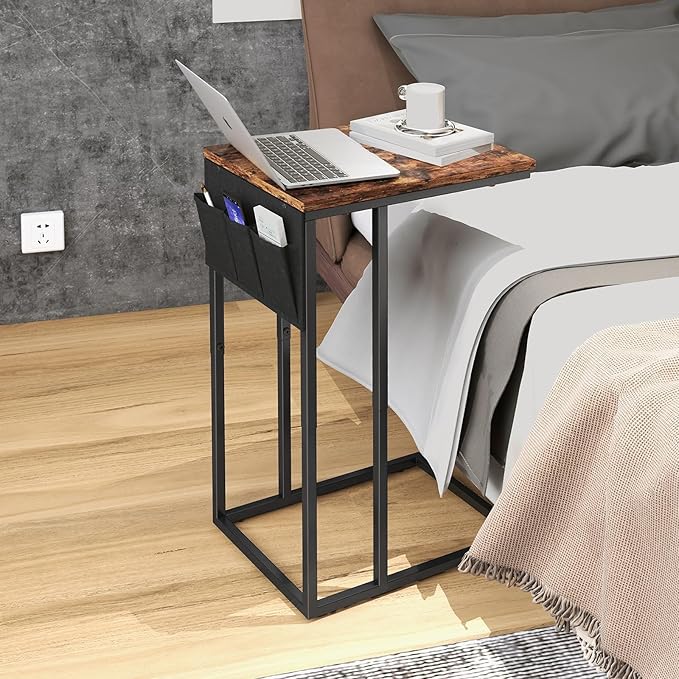 Livofloral C Shaped End Table for Couch, Small Side Table for Sofa With Storage Bag, TV Tray for Living Room, Bedside Table for Bedroom, Snack End Table, Brown