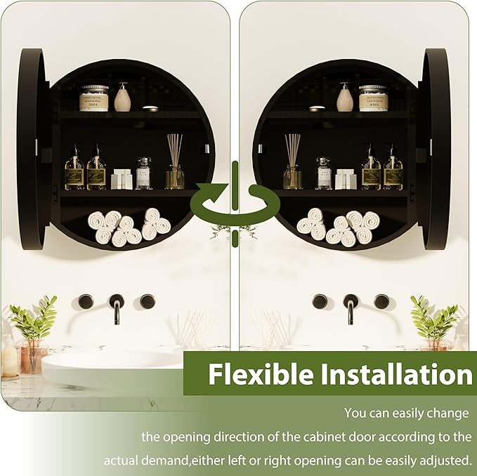 Royal Windsor 20 Inch Round Medicine Cabinet Mirror, Bathroom Mirror Wall Cabinet with Storage and Shelf, Surface Wall Mounted,Arched Cabinet Makeup Vanity Mirror for Bedroom, Black