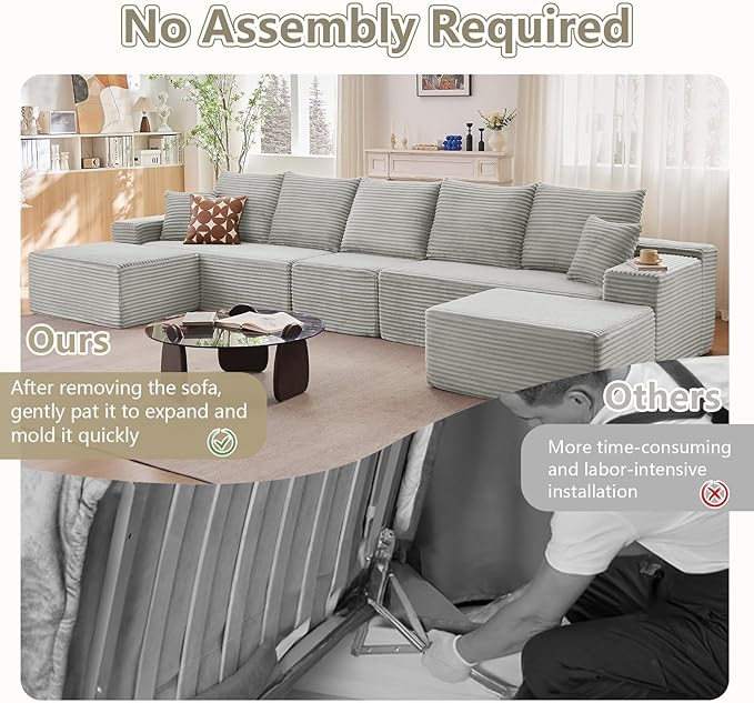 167.7" Sectional Cloud Couch for Living Room, Stupendous U Shaped Sofas, Modular Floor Deep-Seat Sofa, Big Comfy Corduroy Couches Set with Fluffy Memory Foam, No Assembly Required, Grey