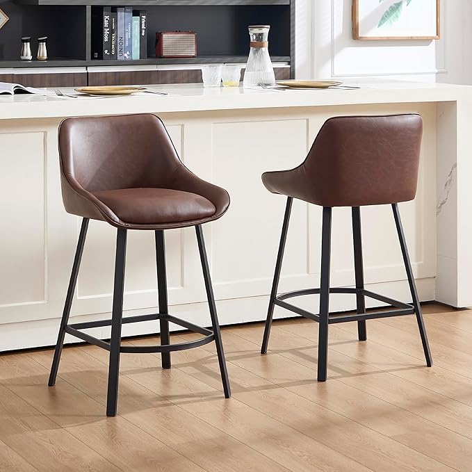26" Modern Bar Stools Set of 2, Faux Leather Upholstered Bar Stools, Counter Height Bar Chairs with Back for Kitchen, Dining Room, Cafe, Bar - Coffee
