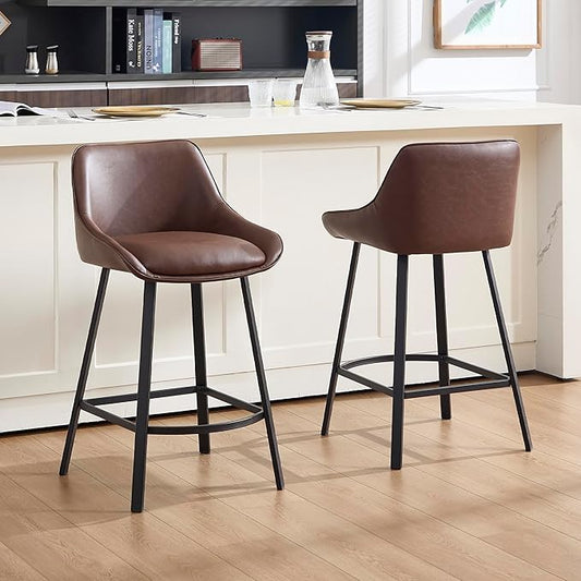 26" Modern Bar Stools Set of 2, Faux Leather Upholstered Bar Stools, Counter Height Bar Chairs with Back for Kitchen, Dining Room, Cafe, Bar - Coffee