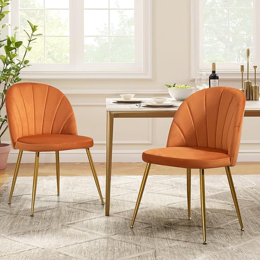 Velvet Dining Chairs Set of 2, Upholstered Mid Century Modern Dining Chairs, Armless Accent Chair with Metal Gold Legs for Living Room, Kitchen, Dining Room, Orange