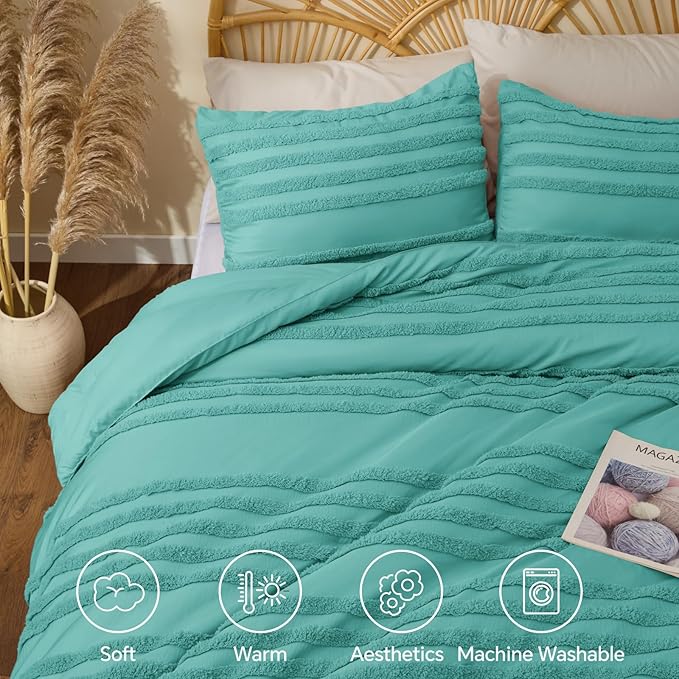 BEDELITE Boho Twin/Twin XL Comforter Set，Aqua Tufted Striped Bed Set 2 Pieces, Soft Vintage Farmhouse Comforter for College, Boho Home Dorm Decor, Fluffy Jacquard Bedding with 1 Pillow Sham