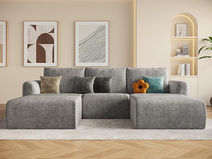 EASE MOOSE Cloud Couch Sectional Sofa, Large U-Shaped Oversized Modular Couch for Living Room, Minimalist Boneless Couches with Ottoman, 5-Seat Deep Sofas for Bedroom, Chenille (Light Grey)