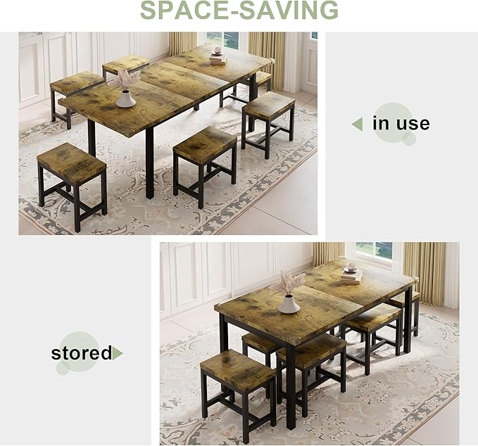 Feonase 7-Piece Dining Table Set with 6 Stools, 63 Inch Extendable Kitchen Table for 4-8, Kitchen Room Set with MDF Board & Metal Frame, Farmhouse Table, Space-Saving, Rustic Brown