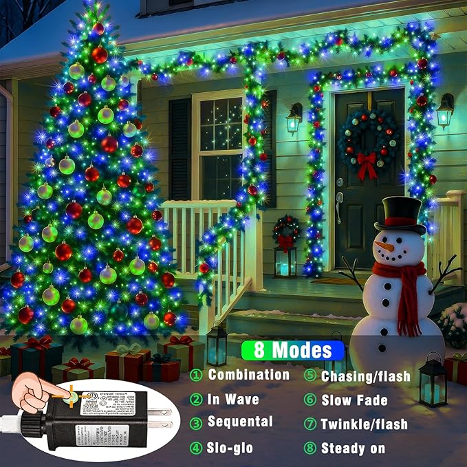 300 LED Christmas Lights Outdoor 100FT Connectable String Lights Indoor 8 Modes Clear Wire Plug in Waterproof Twinkle Fairy Lights for Bedroom Christmas Tree Party Decorations, Blue&Green