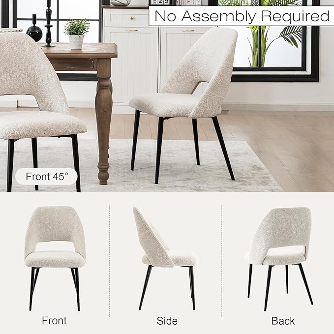 Rowill Dining Chairs Set of 2 Upholstered Dining Room Chairs Mid Century Modern Dining Chairs Kitchen Chairs Accent Chair with Metal Legs for Living Room Bedroom, Boucle Fabric Beige